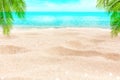 Tropical island paradise beach, green palm tree leaf, sand, blue sea water turquoise ocean, summer holidays, vacation, travel Royalty Free Stock Photo