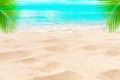 Tropical island paradise beach, green palm tree leaf, sand, blue sea water turquoise ocean, summer holidays, vacation, travel Royalty Free Stock Photo