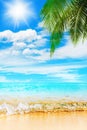 Tropical Island Paradise Beach Nature, Blue Sea Wave, Ocean Water, Green Coconut Palm Tree Leaves, Sand, Sun, Sky, White Clouds