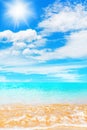 Tropical island paradise beach nature, blue sea wave, ocean water, sand, sun, sky, white clouds, summer holidays, vacation, travel Royalty Free Stock Photo