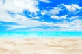 Tropical island paradise beach, sand, sea water ocean, sun sky clouds, beautiful panorama landscape, summer holidays, vacation Royalty Free Stock Photo