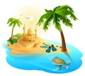 Tropical island paradise beach. Palm tree, sand castle, fins, sea turtle Royalty Free Stock Photo