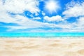 Tropical island paradise beach, sand, sea water ocean, sun sky clouds, beautiful panorama landscape, summer holidays, vacation Royalty Free Stock Photo