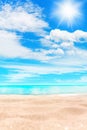Tropical island paradise beach, sand, sea water ocean, sun sky clouds, beautiful panorama landscape, summer holidays, vacation Royalty Free Stock Photo