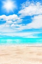 Tropical island paradise beach, sand, sea water ocean, sun sky clouds, beautiful panorama landscape, summer holidays, vacation Royalty Free Stock Photo