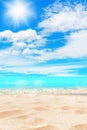 Tropical island paradise beach, sand, sea water ocean, sun sky clouds, beautiful panorama landscape, summer holidays, vacation Royalty Free Stock Photo