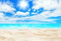 Tropical island paradise beach, sand, sea water ocean, sun sky clouds, beautiful panorama landscape, summer holidays, vacation Royalty Free Stock Photo