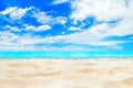 Tropical island paradise beach, sand, sea water ocean, sun sky clouds, beautiful panorama landscape, summer holidays, vacation Royalty Free Stock Photo