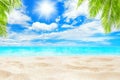 Tropical island paradise beach, sand, sea water ocean, sun sky clouds, beautiful panorama landscape, summer holidays, vacation Royalty Free Stock Photo