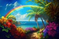 Tropical island paradise with palm trees, flowers and rainbow. Royalty Free Stock Photo