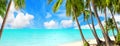 Tropical island paradise sea beach, ocean water, palm tree, sand, sun sky cloud, beautiful panorama landscape, summer holidays Royalty Free Stock Photo