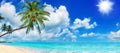 Tropical island paradise sea beach, ocean water, palm tree, sand, sun sky cloud, panorama landscape, Caribbean, Maldives, Thailand Royalty Free Stock Photo