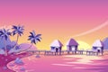 Tropical island pink sunset landscape. Vector cartoon illustration. Palms, beach and bungalows in the ocean. Royalty Free Stock Photo