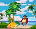 Tropical Island, Pirate with saber, treasure gold pile, tropical, palms, floral, plants. Sea landscape coast, ocean