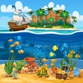 Tropical Island Pirate ship naval under sail in ocean. Underwater sea bottom, coarl reef, fish, seaweeds, ancient