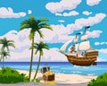 Tropical Island Pirate ship under sail in ocean, treasure cheast, tropical, palms. Sea landscape coast, beach, sand Royalty Free Stock Photo