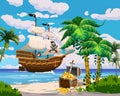 Tropical Island Pirate ship under sail in ocean, treasure cheast, tropical, palms. Sea landscape coast, beach, sand Royalty Free Stock Photo
