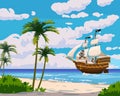 Tropical Island Pirate ship under sail in ocean, treasure tropical, palms. Sea landscape coast, beach, sand, adventure Royalty Free Stock Photo