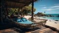 Tropical island relaxation. hammock lounging under palm tree in tranquil beach setting by the sea