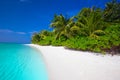 Tropical island with sandy beach, palm trees, overwater bungalow Royalty Free Stock Photo