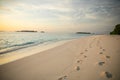 Tropical island scene with 2 row off footsteps on beach. Royalty Free Stock Photo