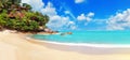 Tropical island sea beach, ocean water, palm tree, villa bungalow, resort hotel hut houses, Caribbean, Maldives, Thailand Royalty Free Stock Photo