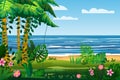 Tropical island sea ocean exotic jungle, palm trees flora, flowers, beach, surf, landscape. Vector, isolated cartoon Royalty Free Stock Photo