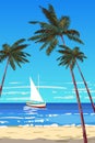 Tropical island seachore, sailboat, palms, sea, ocean