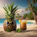 A tropical island setting with coconuts, pineapples, and a tiki cocktail2