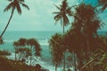 Tropical island shore with palms on a hill over the ocean