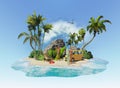 Tropical island with small beach, car and surfers Royalty Free Stock Photo