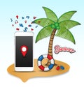 Tropical island with smartphone icons, coconut trees, swim rings , Crotch vector illustration. social media, mobile application fl