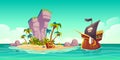 Tropical island, treasure chest and pirate ship Royalty Free Stock Photo