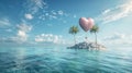 Tropical Island With Two Palm Trees and Heart Shaped Balloon Royalty Free Stock Photo