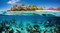Tropical Island and Underwater Coral Reef Split View Royalty Free Stock Photo