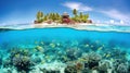 Tropical Island and Underwater Coral Reef Split View Royalty Free Stock Photo