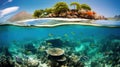 Tropical Island and Underwater Coral Reef Split View Royalty Free Stock Photo