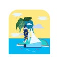 Tropical island vacation composition with flat images of ocean yacht and sand island with palms and seagull vector illustration Royalty Free Stock Photo