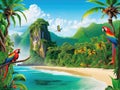 tropical island vacation paradise with parrots Royalty Free Stock Photo