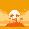 Tropical island vector poster with sun and clouds, palms silhouette on poster horizone seascape background for design Royalty Free Stock Photo