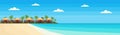 Tropical island with villa bungalow hotel on beach seaside green palms landscape summer vacation concept flat horizontal