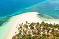 Tropical island of white sand with coconut trees. Boat with tourists on a beautiful beach, aerial view