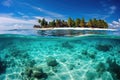 Tropical island with white sandy beach above turquoise water and coral reef. Generative AI Royalty Free Stock Photo