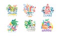 Tropical islands labels set. Maldive, Crete, Bali, Tahiti, Sicilia, Hawaii badges for tourist agency, tropical party