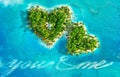 Tropical islands in the shape of heart and boat writing text `you and me`