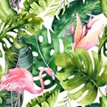 Tropical isolated seamless pattern with flamingo. Watercolor tropic drawing, rose bird and greenery palm tree, tropic