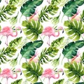 Tropical isolated seamless pattern with flamingo. Watercolor tropic drawing, rose bird and greenery palm tree, tropic