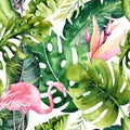 Tropical isolated seamless pattern with flamingo. Watercolor tropic drawing, rose bird and greenery palm tree, tropic Royalty Free Stock Photo