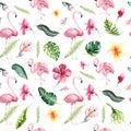 Tropical isolated seamless pattern with flamingo. Watercolor tropic drawing, rose bird and greenery palm tree, tropic