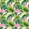 Tropical isolated seamless pattern with flamingo. Watercolor tropic drawing, rose bird and greenery palm tree, tropic